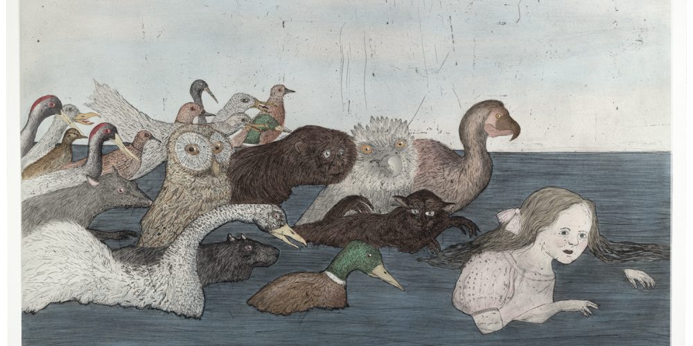 Print by Kiki Smith depicting a group of birds and fantastical creatures being led through a body of dark blue water by a young girl in a pale pink puffed-sleeve dress who swims ahead of them