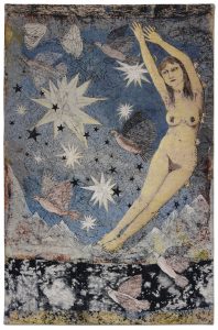 Tapestry by Kiki Smith depicting a nude female figure with arms raised floating through a starry blue sky surrounded by pink and purple birds