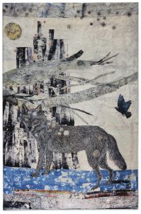 Tapestry by Kiki Smith depicting a wolf standing on blue ground with a large branches and an abstract structure in the background and a full moon, stars and a black bird in the sky above