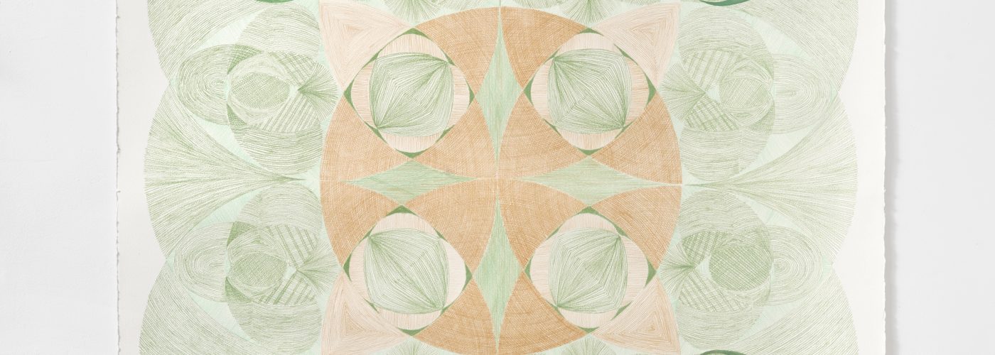 Square abstract geometric drawing on paper by Johanna Unzueta: a symmetrical pattern of overlapping circles and ovals in pale green, dark green and pale orange