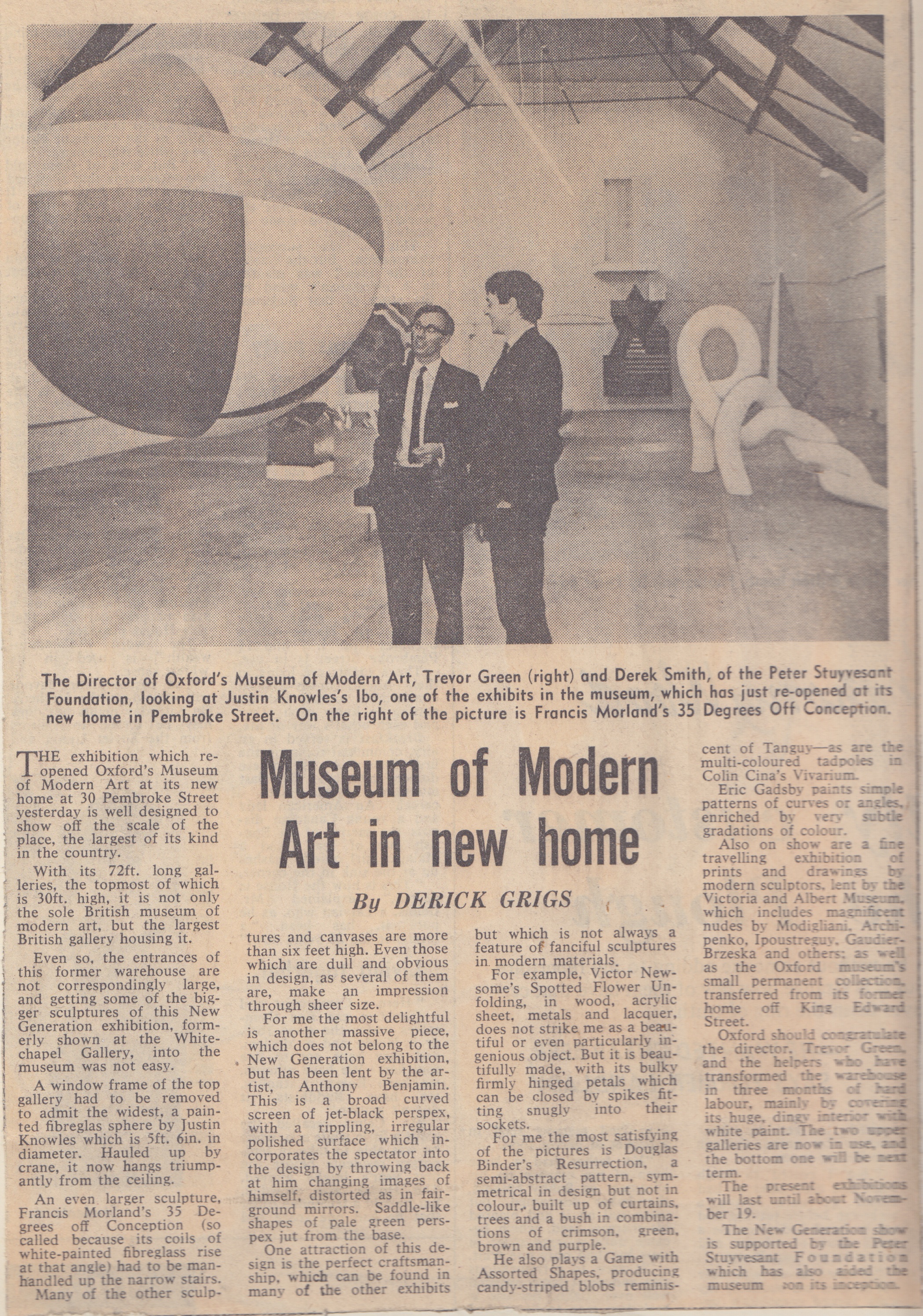 Newspaper article entitled 'Museum of Modern Art in new home' marking the move of Modern Art Oxford to Pembroke Street, Oxford