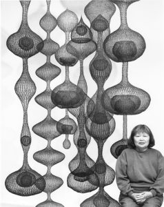 Cropped image of 6 of Ruth Asawa's sculptures made of looped and tired wire