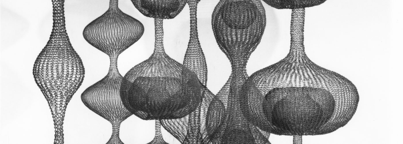 Cropped image of 6 of Ruth Asawa's sculptures made of looped and tired wire